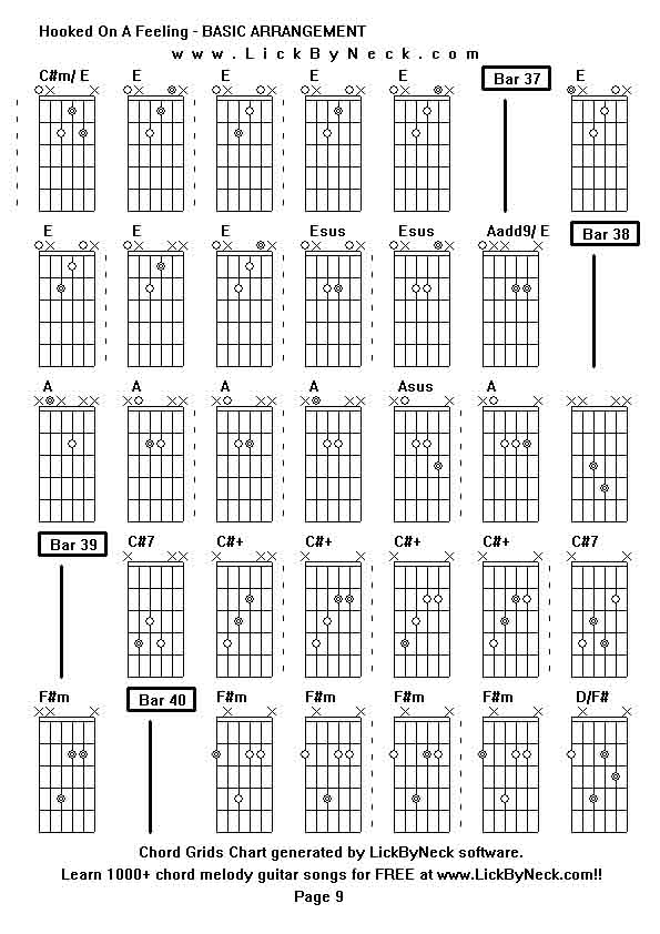 Chord Grids Chart of chord melody fingerstyle guitar song-Hooked On A Feeling - BASIC ARRANGEMENT,generated by LickByNeck software.